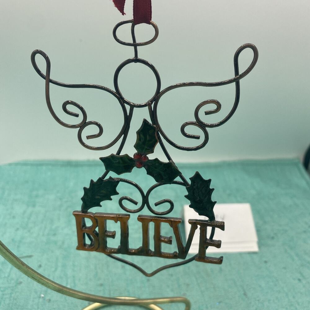 Wire Angel With “BELIEVE” Holly And Berries-Hanging Christmas ornament 5”
